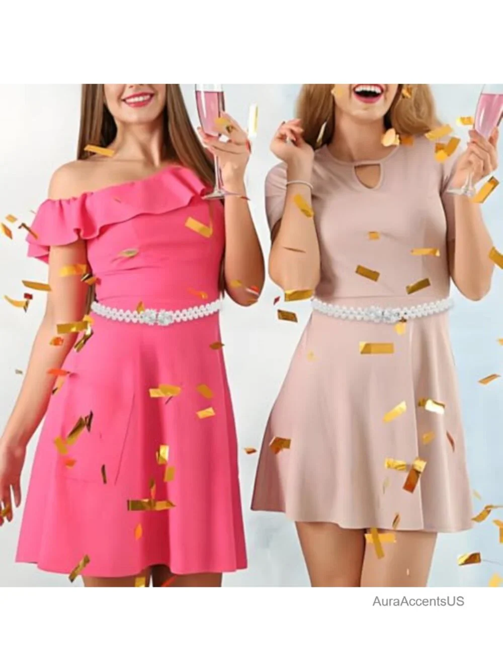 Rhinestone Pearl Waist Belt with Leaves Design Elastic Waistband for Dresses